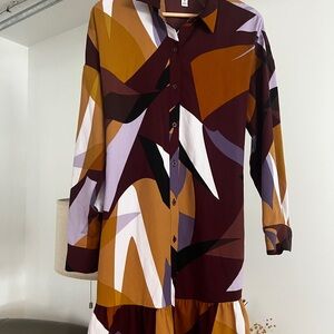 Nine West Abstract Multicolor Womens Dress with Ruffled Bottom and Tie Belt